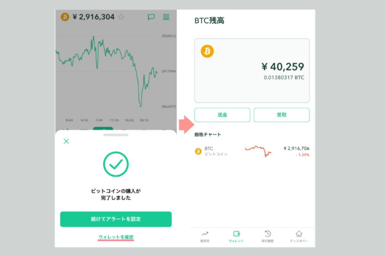 ビットコインの購入完了画面と、ウォレットで残高を確認する画面