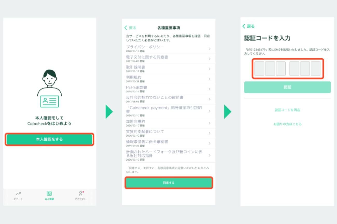 コインチェックのアプリで、本人確認をするを押し、重要事項に同意して認証コードを入力する画面