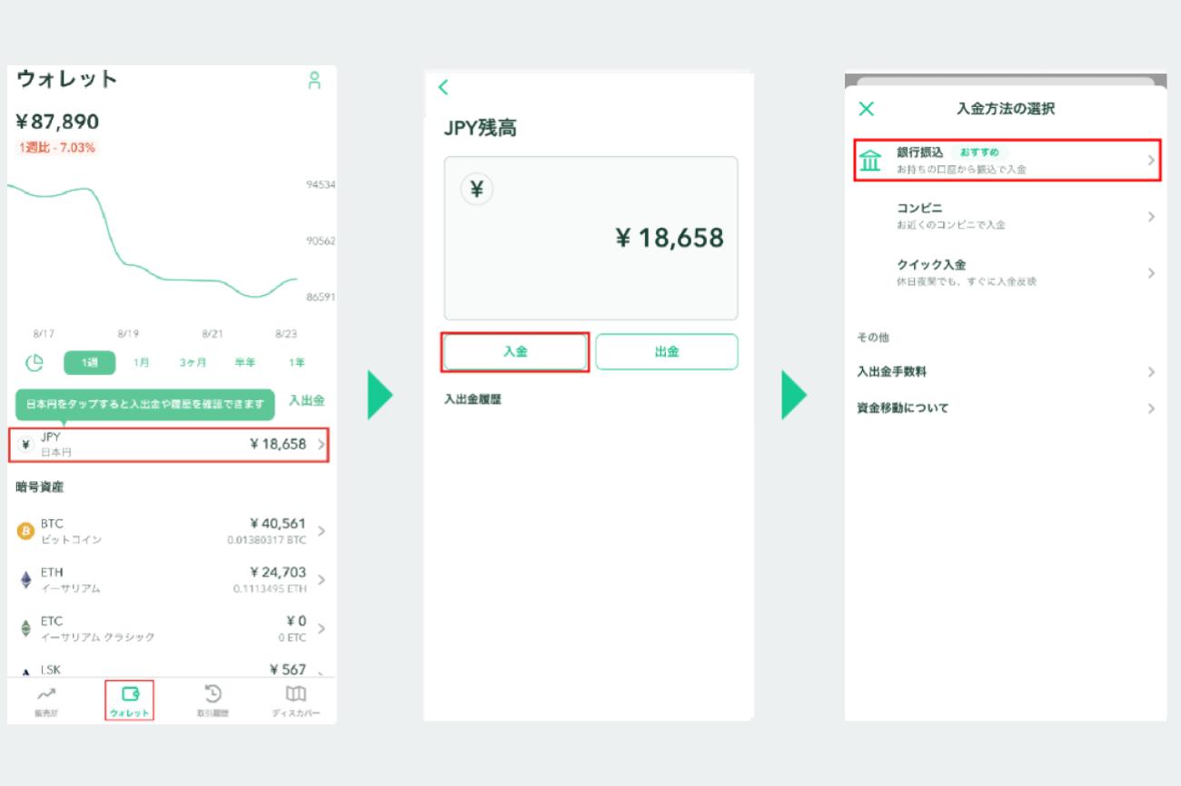コインチェックのアプリで、ウォレットのJPYから入金を選び、入金方法で銀行振込を選ぶ画面