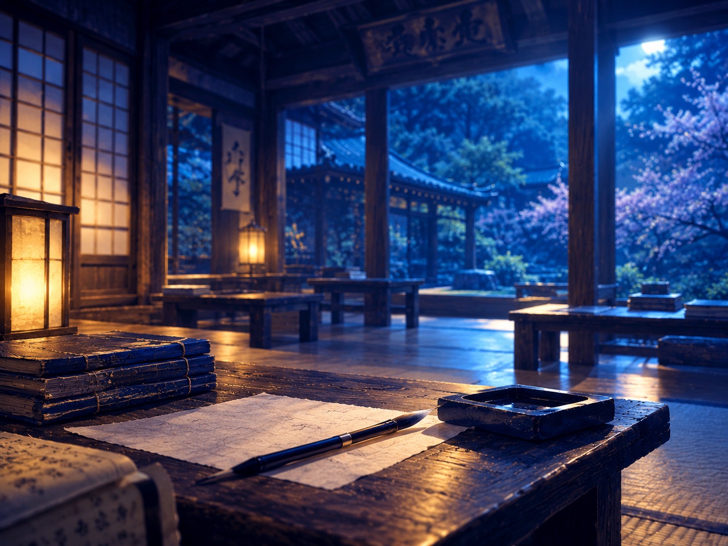 月明かりと行灯に照らされた夜の寺子屋。机の上に紙と筆、硯、和綴じの本が置かれている